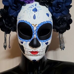 Day of the Dead Mask with Blue and Black Floral Accents